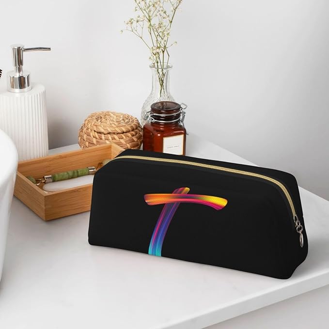 Cute Initial Pencil Case for Kids Simple Leather Pencil Pouch for Boys Girls Letter Design Pencil Box Pen Bag Pencil Pouch Office Stationery Organizer, Rainbow Letter T