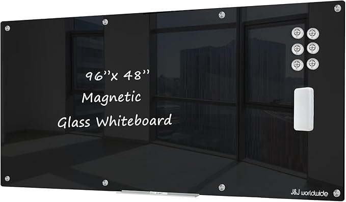 J&J worldwide Glass Whiteboard 8' x 4', Magnetic Black Glass Dry Erase Board, Black White Board Frameless, Includes Markers, Magnets, Marker Tray, Eraser for Wall, Office, Home, School