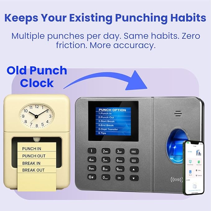 App-Based Time Clock – Fingerprint Attendance for Small Business, iOS/Android Compatible, No Monthly Fee, Includes 10 IC Cards