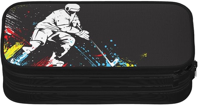Hockey Pencil Box Black Cool Pencil Case for Kids Boys Men, Big Capacity Canvas Storage Pouch Marker Pen Bag, Portable Travel Storage Box Desk Office Organizer, Stationery Organization Bag