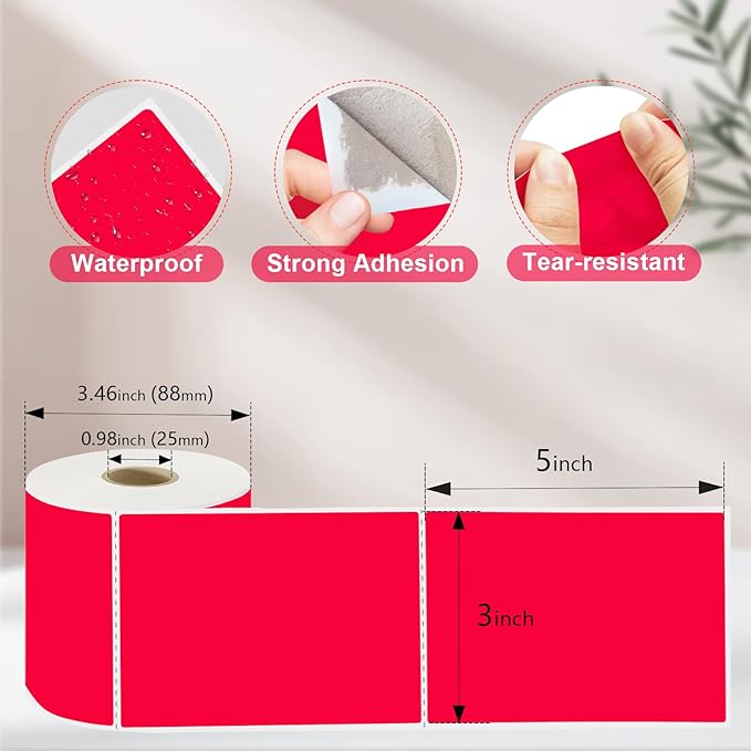 YOULAISHI 3 X 5 Inch Printable Waterproof Rectangle Color Coding Labels, 300 Per Roll Adhesive Color Coding Stickers for Bar-Codes, Address, Small Business Labeling, Red