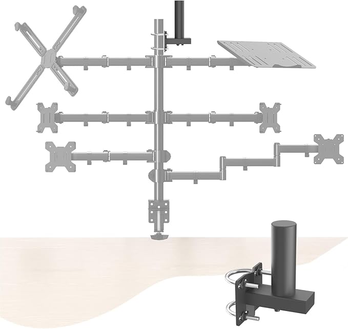 No Drill Monitor Arm Wall Mount - Clamp-on Adjustable Desk Mount for Round & Square Tubes, VESA Compatible Computer Screen Mounting Bracket for Office, Study, Hospital, Bedroom