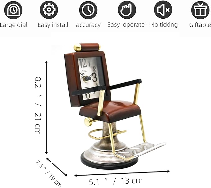 YOUKI Bronze Barber Chair Desk Clock,Hairdresser Hairstylist Gift Ideas,Unique Table Clock Battery Powered,Home Decor Ideal for Office Hotel Cafe Bedroom