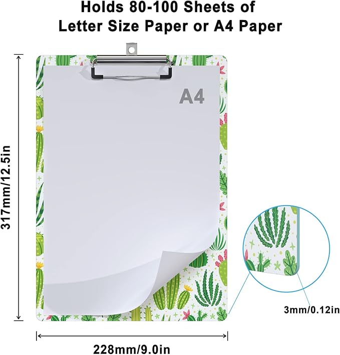 Clipboard Design Decorative Wood A4 Letter Size Clip Boards for Classroom Office, Standard Size 9" x 12.5" with Low Profile Metal Clip - Cactus