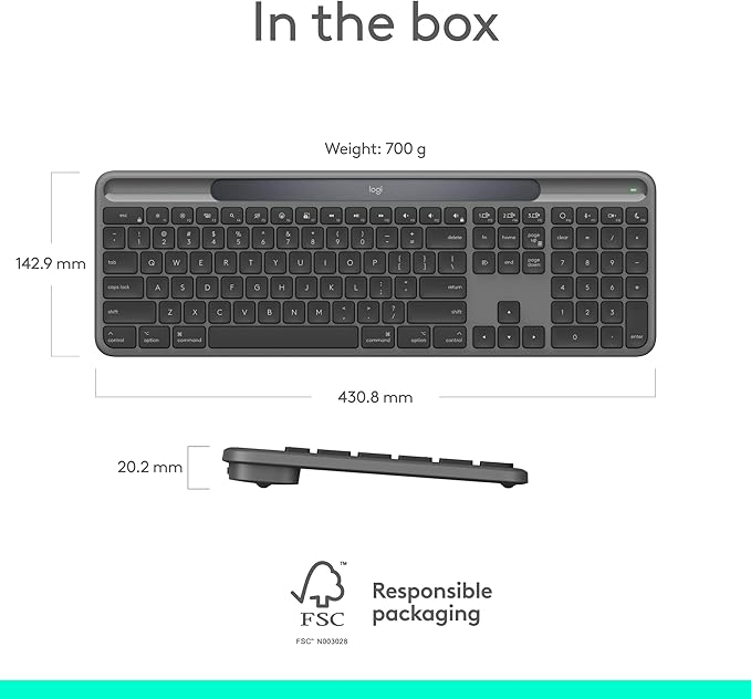 Logitech Signature Slim Solar+ Wireless Bluetooth Keyboard K980 for Mac, Solar and Artificial Light Powered, Up to 10 Years Battery Life, Customizable Keys - Graphite