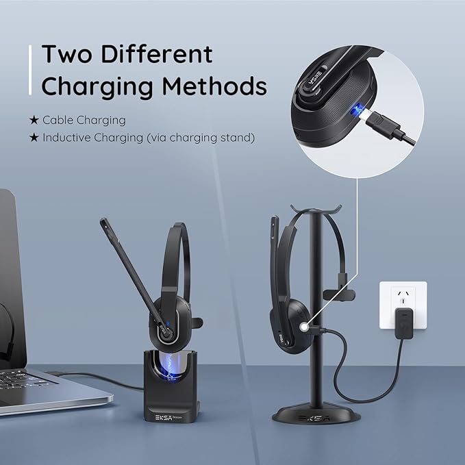 EKSA Wireless Headset with AI Noise Cancelling, 45 Hours Playtime, Trucker Headset with USB Dongle & Charging Base for Work PC Home Office Trucker Call Center