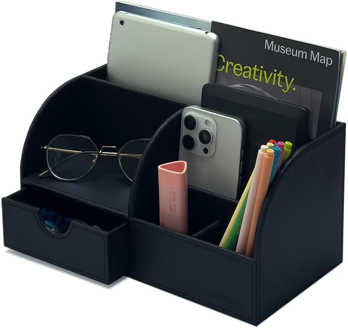 UnionBasic Desk Organizer - Multifunctional Leather Desktop Pen Holder Storage Box - Business Card/Pen/Pencil/Mobile Phone/Stationery Holder, Black Revised