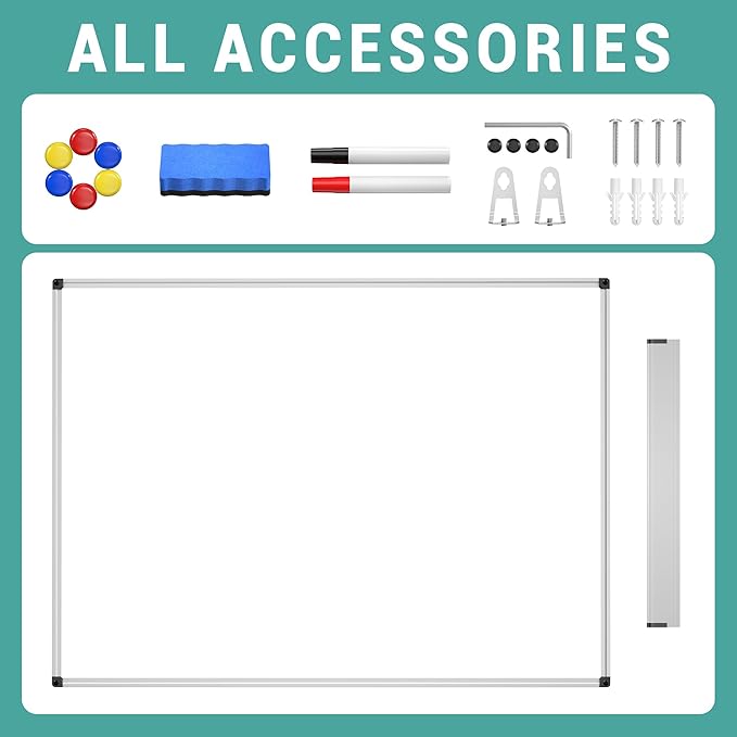 Magnetic Dry Erase White Board - 46 x 33 Inch Whiteboard for Wall - 4 x 3 Large Wall-Mounted Board with Silver Aluminum Frame, 1 Magnetic Eraser, 2 Pens, 1 Detachable Marker Tray, 6 Magnets