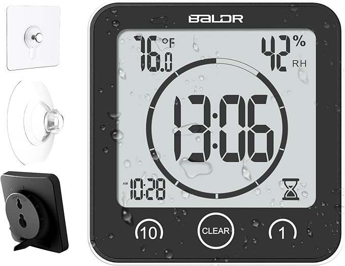 Baldr Shower Clock Waterproof Bathroom Clock with Timer/Temperature/Humidity, Digital Timers for Kids and Adults, Bath Kitchen Study, Black