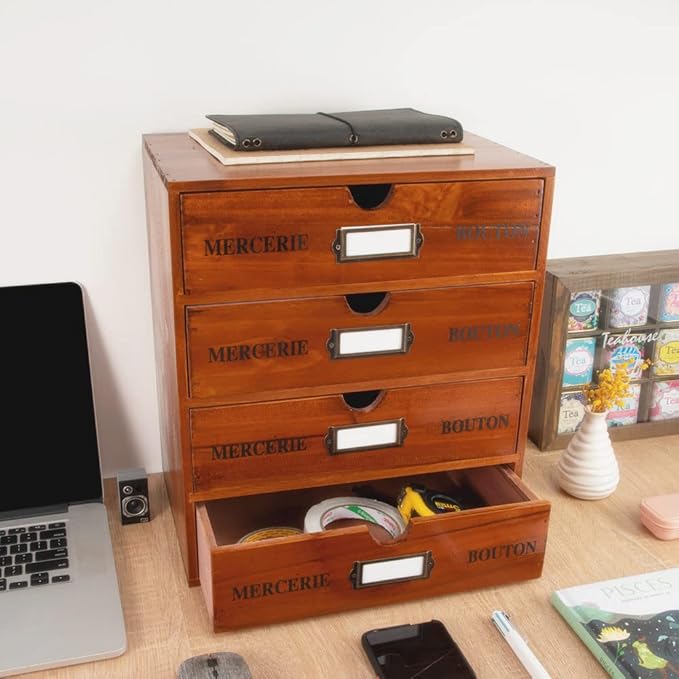 Wooden Storage Box with Drawers Vintage Office Supplies and Accessories Letter Tray Wood Desktop File Organizer 4 Tier Paper Sorter School Supply Holder Rustic Jewelry Box (LARGE BROWN)