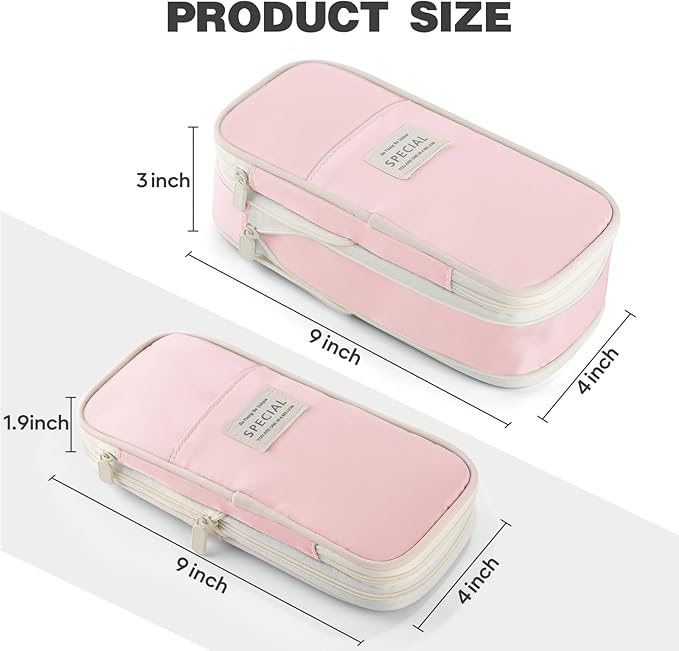 Large Capacity Pencil Case with Zipper, Aesthetic Pencil Pouch, Portable Stationery Organizer Bag for Teen and Adults, Big Pencil Bag for College, Office, Travel - Pink