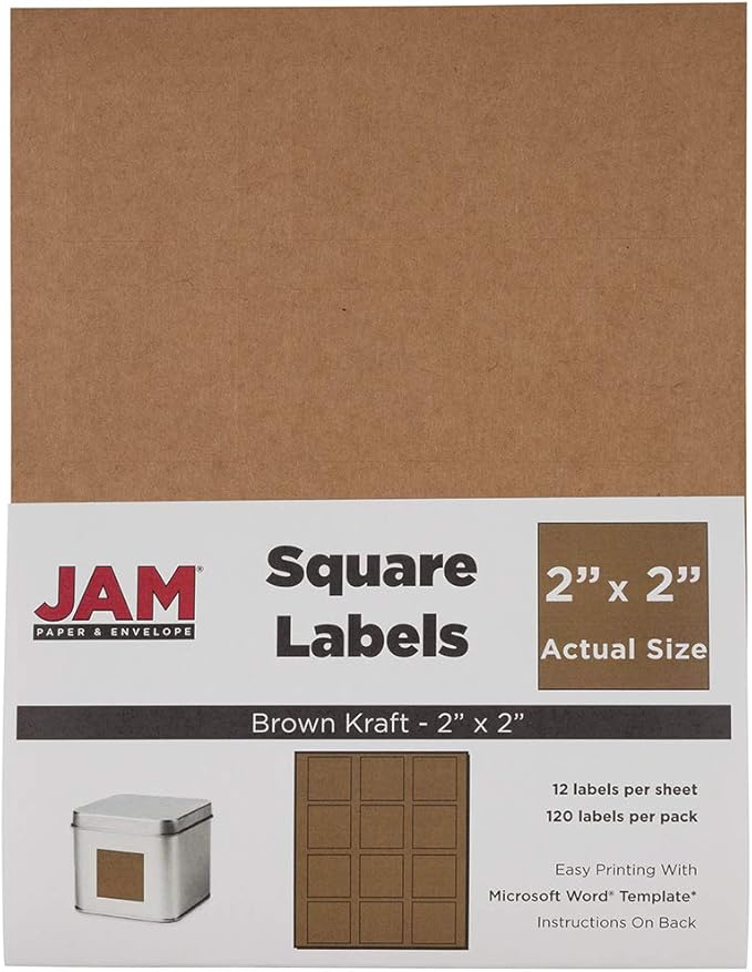 JAM PAPER Product & Container Labels - Square - 2 x 2 - Brown Kraft - 120/Pack