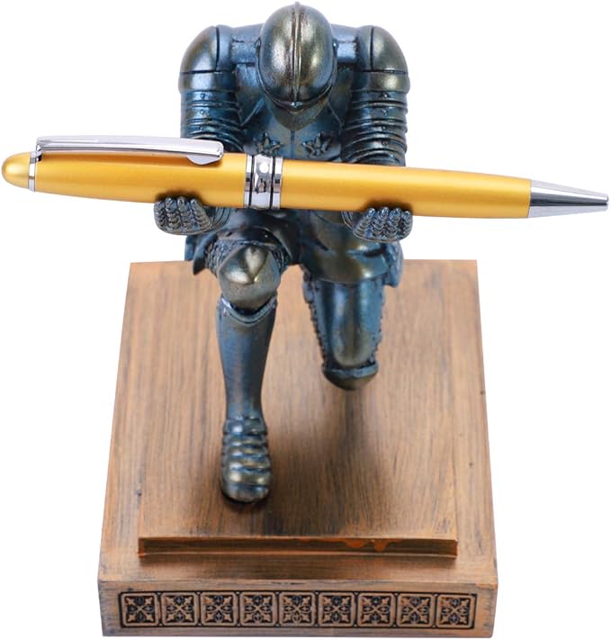 Knight Pen Holder Desk Ornament Resin Pencil Holders Desk Accessories and Organizer For Men with a Cool Pen (Blue)