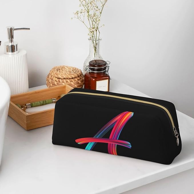 Cute Initial Pencil Case for Kids Simple Leather Pencil Pouch for Boys Girls Letter Design Pencil Box Pen Bag Pencil Pouch Office Stationery Organizer, Rainbow Letter A
