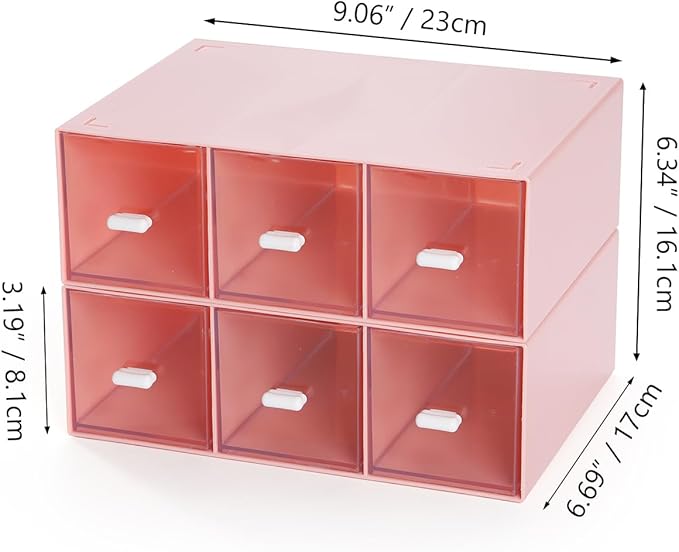 Desktop Drawers, Desk Organizer with 6 Drawers, Stackable Plastic Storage Box for Home Collection, Cosmetics, Office Supplies (2 Tall Layers, Pink)