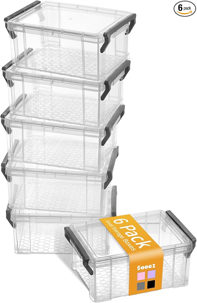 Sooez 6 Pack Small Plastic Containers with Lids, 6.4" x 4.4" x 2.7", Clear Crayon Box Pencil Pouch, Stackable Stroage Organizer for Beads Craft and Art Supplies, Storage Bins for Jewelry and Stickers