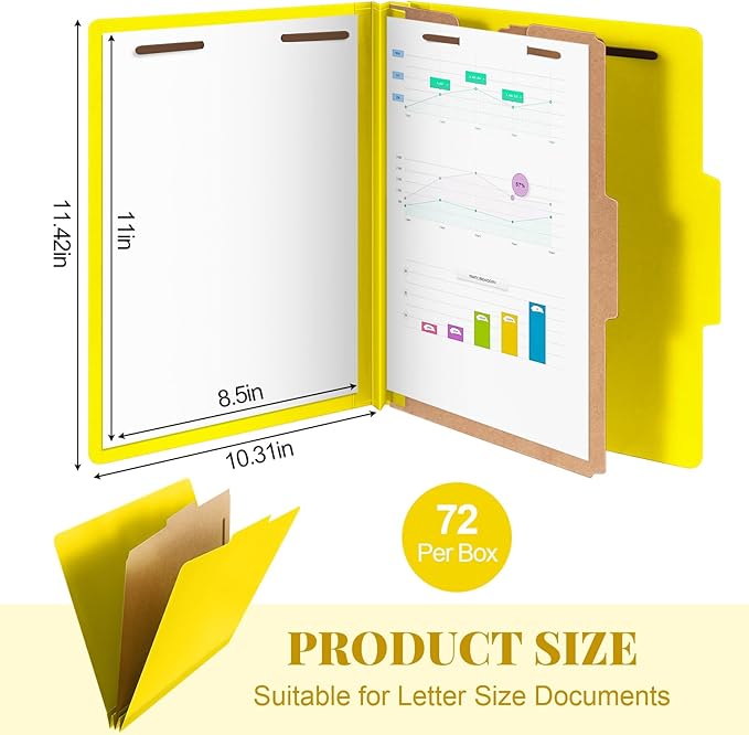 Skyygemm 72 Pcs Classification Folders Letter Size, 1 Divider Pressboard File Folder with Fasteners, Expanding Tax File Organizer Bulk for Teachers, Office, Church, Christmas Donations (Yellow)