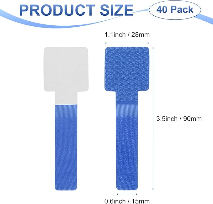 40-Pack Hook and Loop Cable Ties, 3.5 x 1.1 Inch Enhanced Self-Adhesive Cord Organizer for Desk/Home/Wall/Office Essentials, Cable Management Under Desk [Blue]