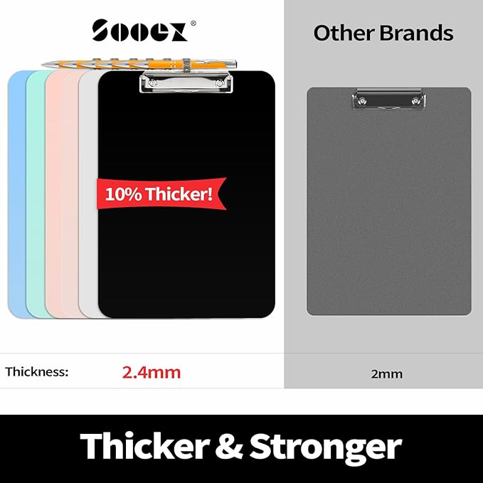 Sooez Plastic Clipboard with Pen Holder, [10% Thicker] Clip Boards 8.5x11 with Low Profile Clip, Cute Hanging Clipboard, Standard Letter Size A4 for Women Teacher, Office & School Supplies