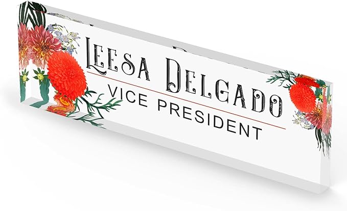 Artblox Office Personalized Name Plate for Desk with Business Card Holder On Clear Acrylic Glass Autumn Flowers Design Custom Desk Name Plate with Your Name and Credentials Customized Gift