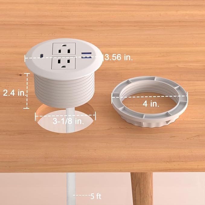 Desktop Power Grommet - Set of 2,3-inch,20W USB C Fast Charging,Fits 3-1/8" Holes.Round Recessed Power Strip Flush Mount Desk Grommet Outlet,2-AC Outlet,3-USB Port,5 ft Cord,White