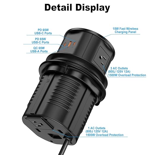Pop Up Countertop Outlet with 15W Wireless Charger, PD 65W USB-C Ports & 4 AC Outlets, 800J Surge Protection, 4.75 inch Pop Up Electrical Outlet, 6Ft Cord for Home Office(ETL & FCC Listed)