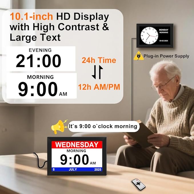 Digital Alarm Clock for Seniors - No-Abbreviation Date HD Display Auto Dimming Photo FrameWhite Noise DST Adjustment, Ideal Gift for Elders (10inch Black)