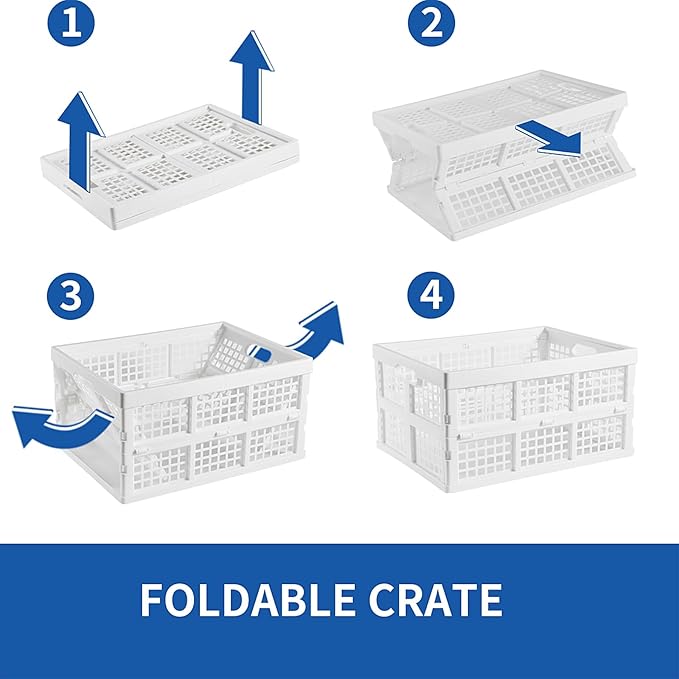 3-Pack Plastic Collapsible Storage Crates-30L,Foldable Plastic Crates for Storage (White)