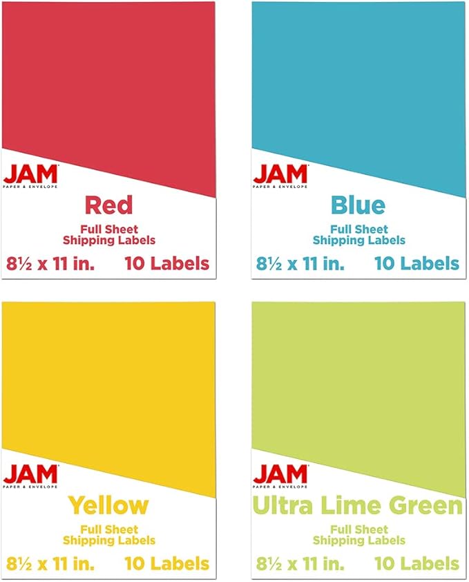JAM PAPER Full Sheet Shipping Labels - Printable Sticker Paper - 8 1/2 x 11 - Assorted Bright Colors - 40 Pages/Pack