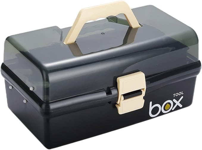 12'' Three-Layer Clear Plastic Storage Box/Tool Box, Multipurpose Organizer and Portable Handled Storage Case for Art Craft and Cosmetic (Black)