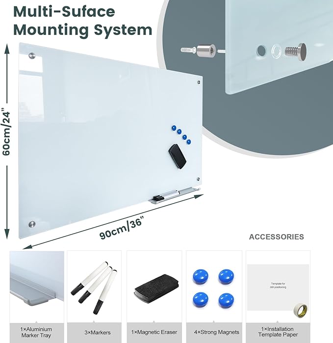 Glass Whiteboard 36"X24" Magnetic Dry Erase Board Frameless Wall Mounted White Board WritingBoard for Office School Home Accessory Tray, 3 Dry Erase Marker,4 Glass Board Magnets and 1 Magnetic Eraser