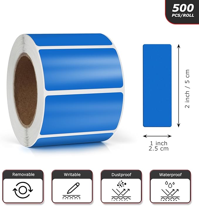 Meitaat Blue Rectangle Stickers 2 x 1 Inch Color Coding Labels Vinyl Roll Self-Adhesive Waterproof Removable 500 PCS