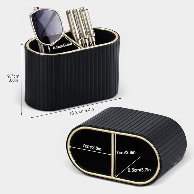 KINGFOM PU Leather Desk Organizer Pen Holder – Dual-Compartment Stylish Pencil Cup Remote Control Holder Desktop Supplies and Accessories Organizer Caddy for Office Home School (Black)