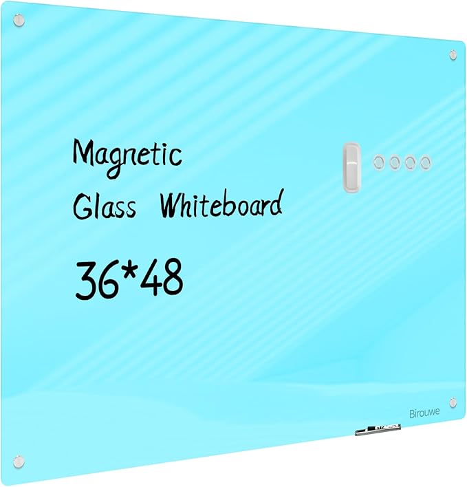Magnetic Glass Whiteboard - Glass Dry Erase Board 48"x36" Large Frameless Glass Board for Walls Office School and Home, Blue