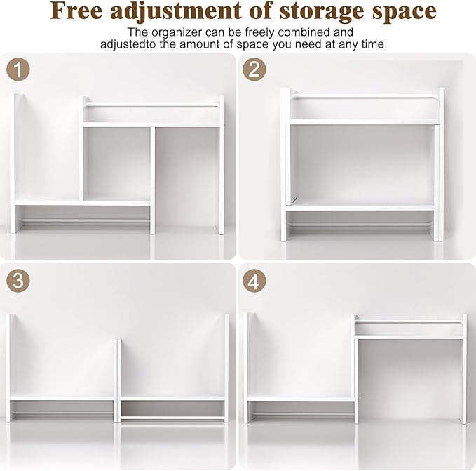 Desktop Organizer Shelf, Adjustable Wooden Double-Tier H-Shape Mini Bookcase, Multi-Use Office Storage Rack for Desk Top/Corner, Table Top Shelving & Office Organization Accessories (White)