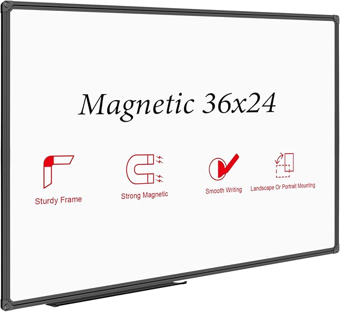 JILoffice Magnetic Whiteboard/White Board, Dry Erase Board 36 x 24 Inch, Black Aluminum Frame Wall Mounted Board for Office Home and School