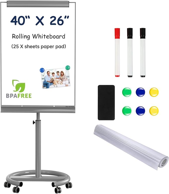 TSJ OFFICE Mobile Standing Whiteboard - 40 x 26 Inches Dry Erase White Board Tripod Whiteboard with Rolling Stand Flipchart Easel Height Adjustable