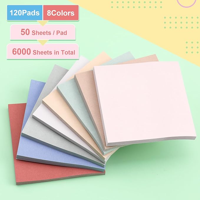 Fainne 120 Pack Sticky Notes Bulk 3 x 3 inch Self Stick Note Pads Multicolor Paper Memo for Office School Supplies Student Teacher Classroom Back to School Essentials, 50 Sheet/Pad(Pastel Color)