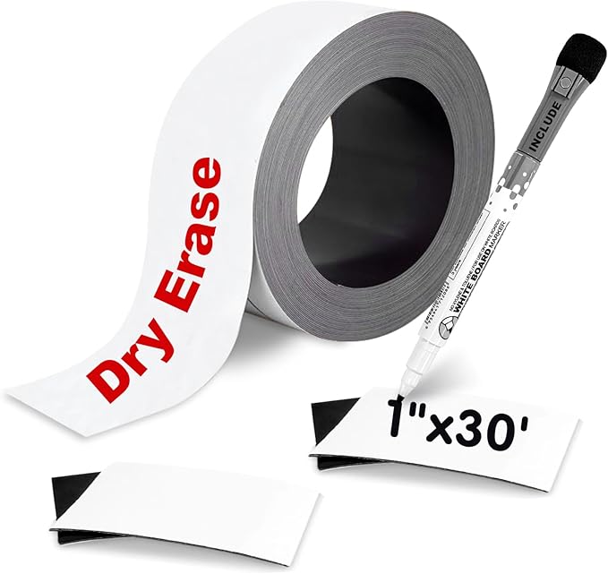 Thaibear Magnetic Dry Erase Labels Roll, 1 Inch x 30 Feet, Magnetic Tape Roll, Magnetic Strips Labels for White Board, Writable Flexible Magnet Labels for Refrigerator and Crafts - Include a Marker