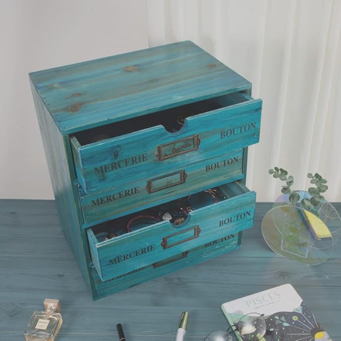 Wooden Storage Box with Drawers Vintage Office Supplies and Accessories Letter Tray Wood Desktop File Organizer 4 Tier Paper Sorter School Supply Holder Rustic Jewelry Box (LARGE BLUE)