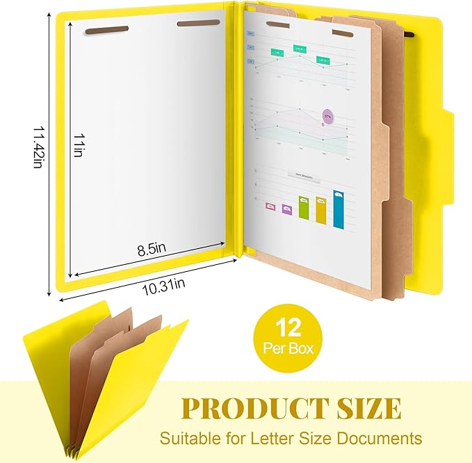 Skyygemm 12 Pcs Classification Folders Letter Size Bulk - 2 Dividers Pressboard File Folder with 3. 5 Inch Expansion, 2 Prongs Fastener, Heavy Duty Office File Organizer for Teacher Medical (Yellow)