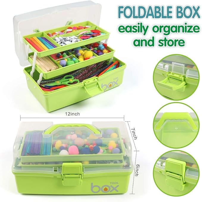 12in 3-Layer Plastic Craft Organizers and Storage, Portable Folding Tackle Box with Handle & Adjustable Dividers, Multipurpose Case for Sewing, Art Supplies, Medicine, Tools (Green)