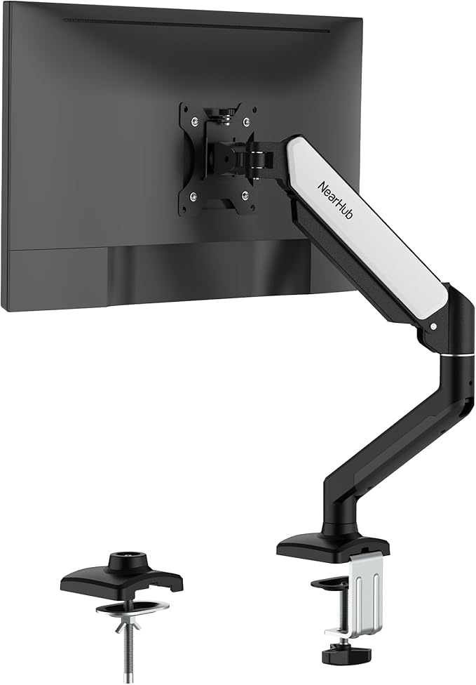 NearHub Single Monitor Mount,Each13-32 ” Up to 22 lbs Computer Screen,180° Swivel, Tilt +90° to -45°, 360°Rotation,Full Motion Adjust with C Clamp and Grommet Base,VESA Mount 75mmX75mm,100mmX100mm