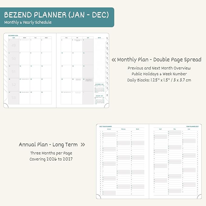 BEZEND 2026 Planner Weekly and Monthly (6" x 8.5") Daily Calendar with Hourly Timeslots & Tabs (Jan-Dec) Note & Expenses, Pen Holder, Inner Pocket, Vegan Leather Hardcover - Black