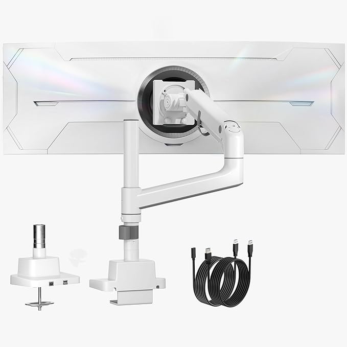 monTEK Heavy-Duty Single Monitor Arm for 17-57 inch, up to 59.4lbs Ultrawide Screens,Gas Spring Dual Curved Adjustable Monitor Stand for Desk,75/100mm VESA Mount with USB，White