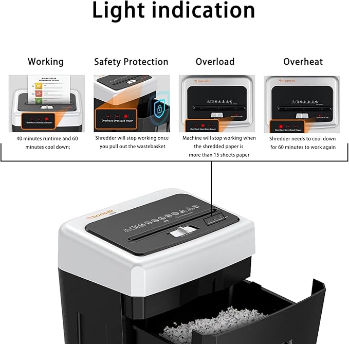 Bonsaii 15-Sheet Shredder, Office Use, 40-Minute Continuous Run Time, Heavy-Duty Cross-Cut Shredder with Jam Protection, P-4 Security Level, Destroys CDs, Credit Cards, 5-Gallon Pull-Out Waste Bin