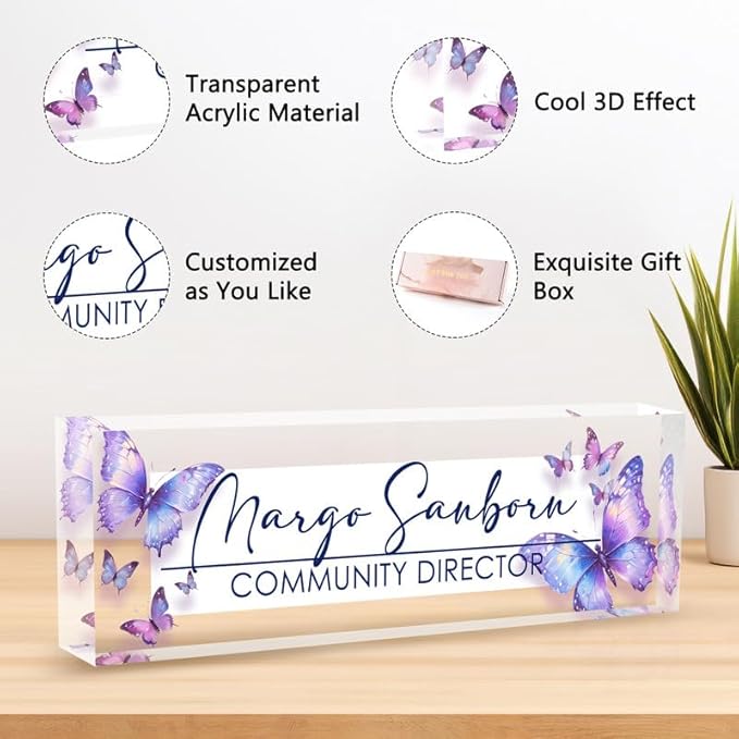 Desk Name Plate Personalized Name Plate for Desk, Office Desk Decor, 3D Style Personalized Plaque Name Plates for Desks Custom Appreciation Gifts for Boss Lady Employee Coworkers (Colorful Butterfly)