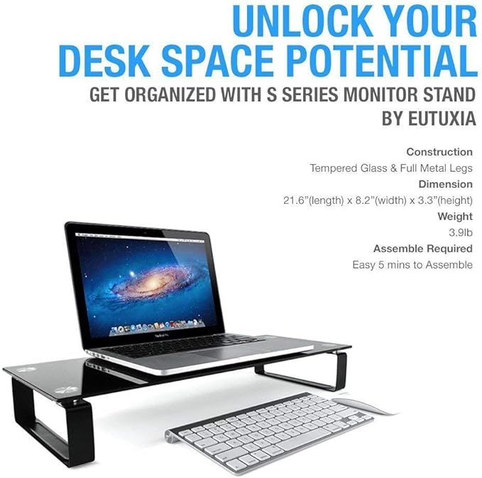 Eutuxia Type-S Black Tempered Glass Monitor Stand, TV, Laptop, Computer, All-In-One Desktop, Printer Riser [21.75 x 8.25 x 3.25 Inches]