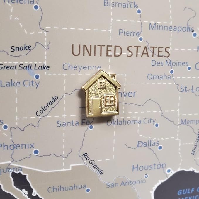 Big House Push Pins - Gold Metal Home Pins - for Cork Board, Maps, or Lapel Pin Use - Designed in USA - Set of 4