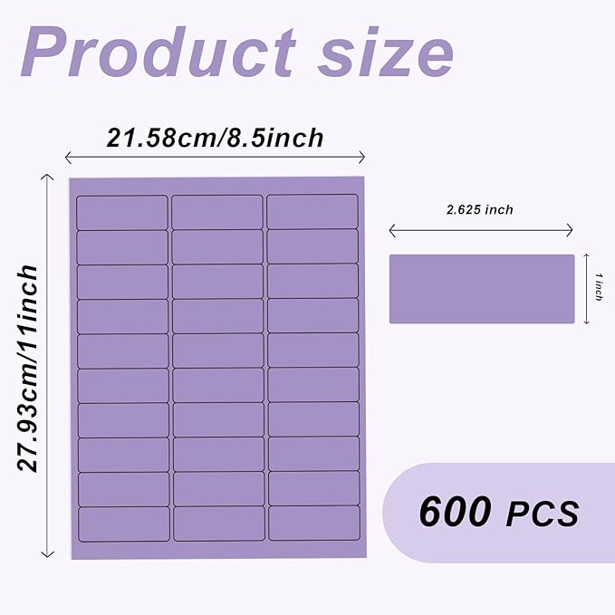 1" x 2-5/8" Colored Address Labels, 600 Bright Purple Label Stickers- Laser/Ink Jet Printer Mailing Labels, 8.5"x11" 20 per Sheet